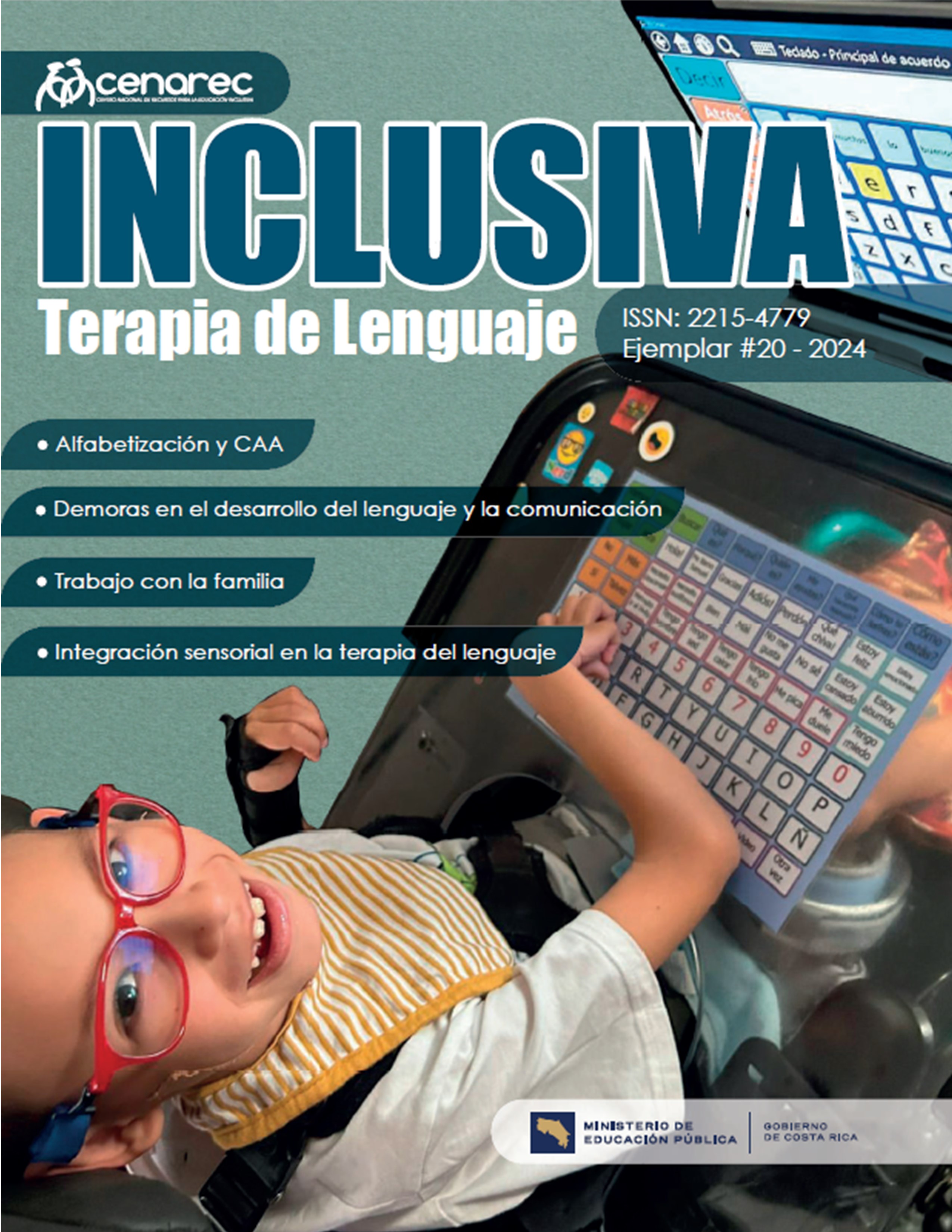 Portada revista Inclusiva Cenarec Terapia del Lenguaje 2024 con foto de estudiante sonriendo mientras usa un sistema alternativo de comunicación